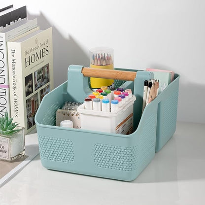 rejomiik Shower Caddy Portable with Bamboo Handle, Plastic Basket Cleaning Caddy Organizer Storage Tote for Bathroom, College, Dorm Room Essentials, Blue
