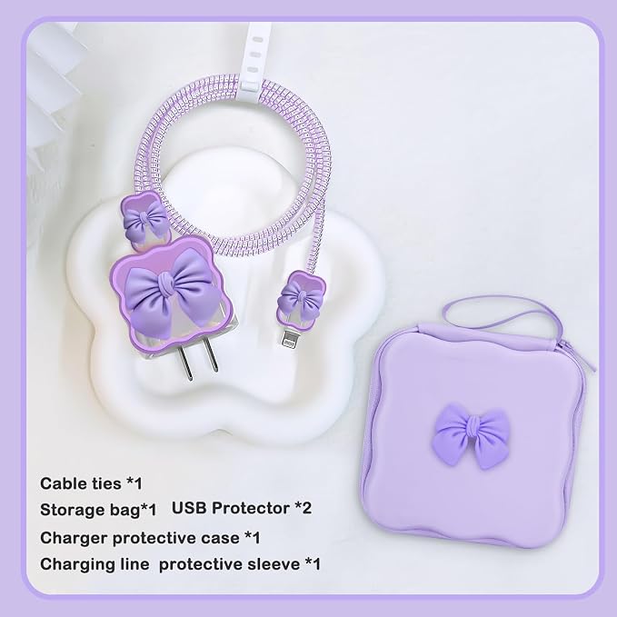 CameCosy DIY Phone Charger Storage Case Cover Sets for iPhone with Cable Protector Earphone Wire Saver, Portable Travel Storage Bag, Cute Cable Charger Protector Cord Organizer (Purple Bow Tie)