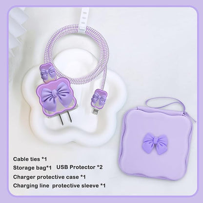 CameCosy DIY Phone Charger Storage Case Cover Sets for iPhone with Cable Protector Earphone Wire Saver, Portable Travel Storage Bag, Cute Cable Charger Protector Cord Organizer (Purple Bow Tie)