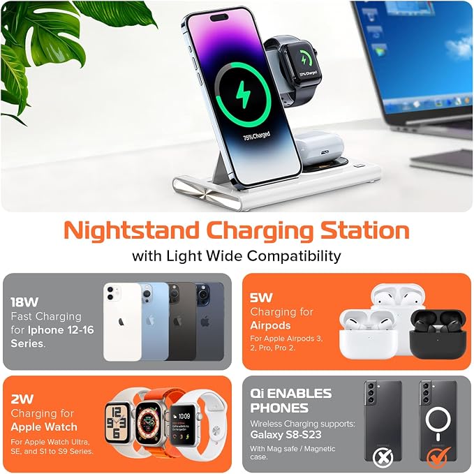 Spracht Flex Charge 3-3 in 1 Charging Station, Portable Charging Station for Smartphones, Smart Watches, Earbuds – 25W Fast Wireless Charger Stand Night Light – Foldable Travel Charger 3 in 1 (White)