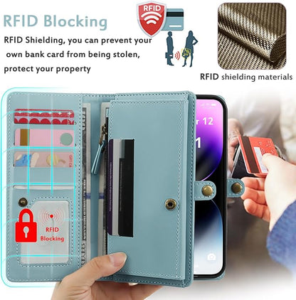 for Wallet Case Compatible with iPhone 14 Pro Max,Multi-Function Detachable 2 in 1 Magnetic iPhone 14 Pro Max Case Wallet,Flip Strap Zipper Card Holder Phone Case with Shoulder Straps (Blue)