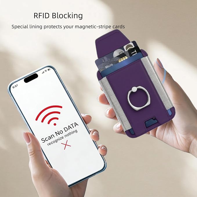 for Magsafe Wallet, Slim Magnetic Card Wallet with Grip, 7 Cards Holder RFID Blocking, Ring Stand Stick on Wallet with Privacy Flap (Deep Purple)
