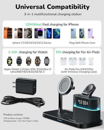 5 in 1 Wireless Charging Station for Apple,Mag-Safe Charger with Alarm Clock Night Light for Multiple Devices,Nightstand Charging Station for iPhone 17/16/15/14/13/12,Apple Watch Series,Air-Pods