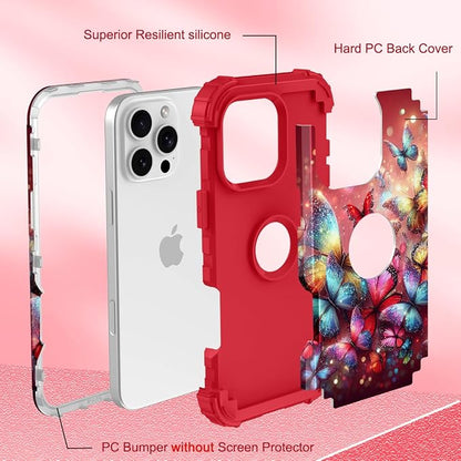 Hocase for iPhone 16 Pro Case 6.3", Heavy Duty Shockproof Protection Soft Silicone Rubber+Hard Plastic Bumpers Hybrid Protective Case for iPhone 16 Pro 2024 - Shimmering Butterflies in Red