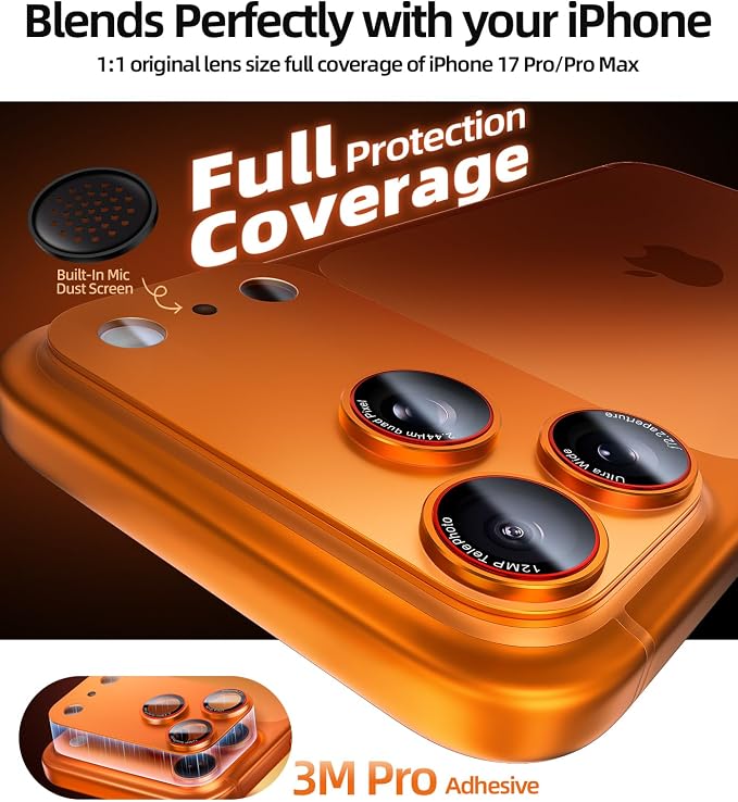X-it for iPhone 17 Pro Max Camera Lens Protector, 9H Military Grade High-Alumina Tempered Glass Cover, Shatterproof with Strong Adhesion, Case Friendly & 1:1 Perfect Fit Camera Protector (Orange)