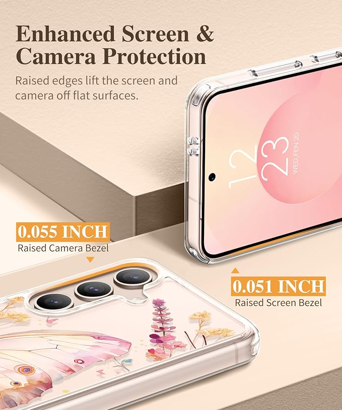 GVIEWIN for Samsung Galaxy S25 Case, Clear Floral Slim Shockproof Protective Women Phone Case, Non-Yellowing, with Screen Protector & Camera Lens Protector for Galaxy S25 6.2", Magic Butterfly/Golden