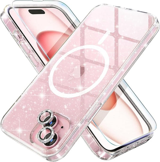 Choiche Compatible for iPhone 15 Case Magnetic, Women Clear Glitter Bling Sparkly Case, [2xDiamond Camera Lens Protectors] [2xTempered Glass Screen Protectors] [Compatible MagSafe] (Glitter Clear)