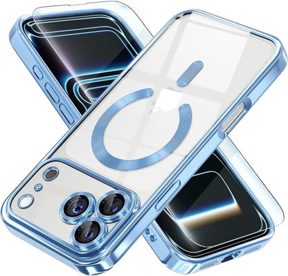 Misea Magnetic for iPhone 17 Pro Case Compatible with MagSafe [Never Yellowing] [Military Grade Drop Protection] Full Camera Lens Protector Plating Soft Clear Phone Case for Women, Sky Blue