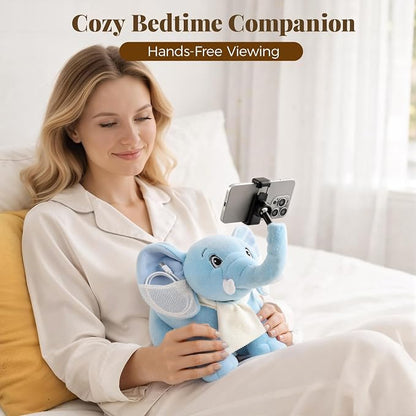 Phone Holder, Phone Mount with 360° Rotating Clip 45° Adjustable Trunk, Elephant Stuffed Animal with Ear Pockets Glasses Cloth Scarf & Back Headphone Fit, Cell Phone Holder for Desk Bed Sofa Car- Blue
