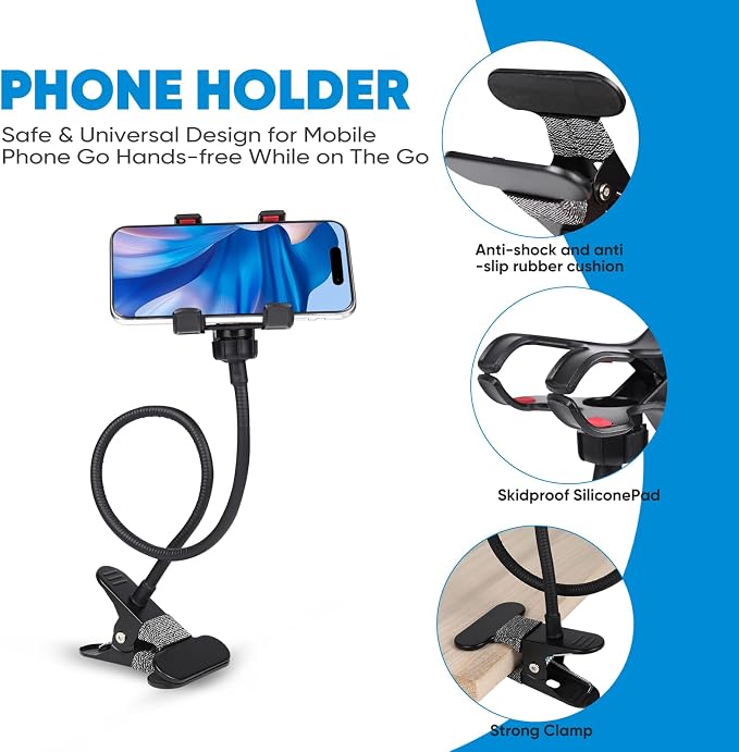 Gooseneck Phone Holder, 360° Adjustable Lazy Bracket, Universal Mobile Phone Stand, DIY Flexible Long Arm Gooseneck Phone Mounts for Bed/Desk, Compatible with All Cellphone (3.5-7”) (Black)