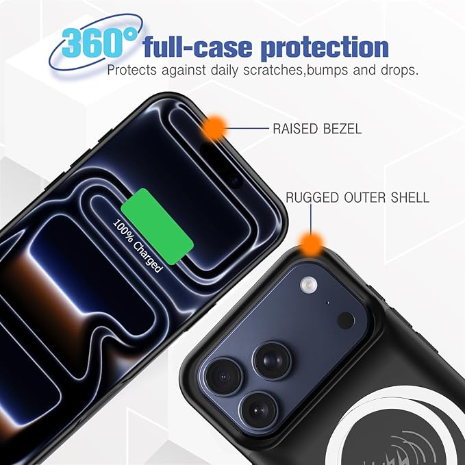 Battery Case for iPhone 17 Pro Max, 12000mAh Capacity Portable Charger Case Rechargeable Smart Battery Pack Compatible with iPhone 17 Pro Max 6.9 inch Charging Cover Support Wireless Charging (Black)