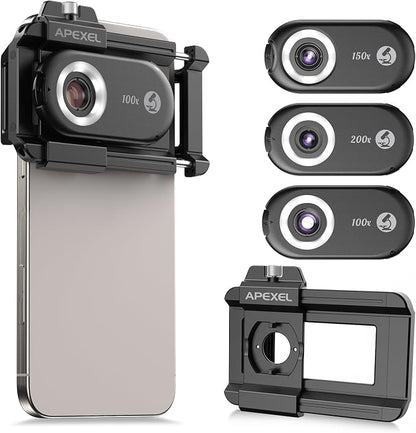 APEXEL 3-in-1 Phone Microscope Lens, PhoneMicro 5 Series 100X/150X/200X Phone Micro Lens for Android/iPhone with LED Light/CPL/Universal Clip, Phone Lens Attachment Mini Pocket Microscope Camera