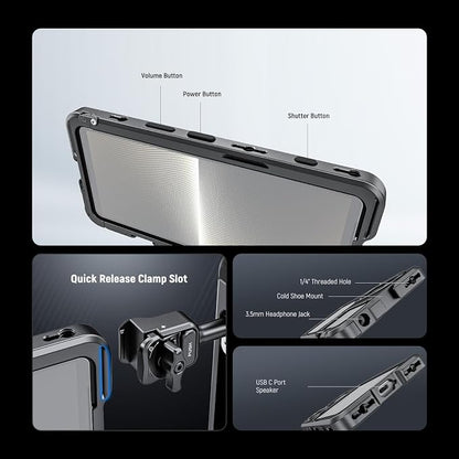 NEEWER Xperia 1 V Cage, Quick Release Video Rig Case Phone Stabilizer Holder for Recording Filming, 67mm Filter Adapter, 17mm Lens Backplate, T Mount Lens Backplate Compatible with Moment Sony, PA087