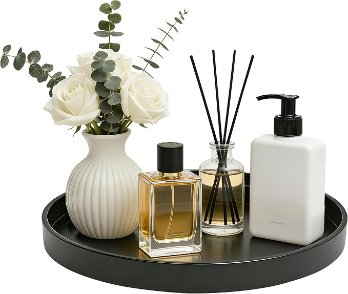 1 Pack 10" Bathroom and Vanity Tray, ABS Bathroom Counter Organizer, Coffee Table Decor for Perfume, Candles, Keys &More. Kitchen Countertop Organizer, Decorative Tray Soap Holder, Black