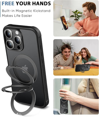 for iPhone 16 Pro Case, with Screen Protector + Camera Lens Protector, Built-in Seamless Stand, [Compatible with MagSafe] Protective Shockproof Phone Case, Matte Back Cover for 6.3" - Black