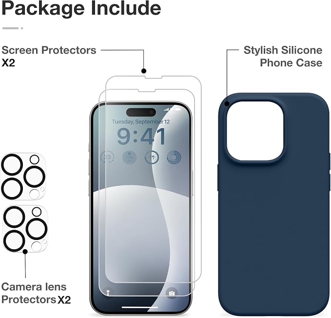 GONEZ for iPhone 14 Pro Case, Compatible with Magsafe, with Screen Protector + Camera Lens Protector, Soft Anti-Scratch Microfiber Lining, Shockproof Liquid Silicone Phone Cover, Dark Blue