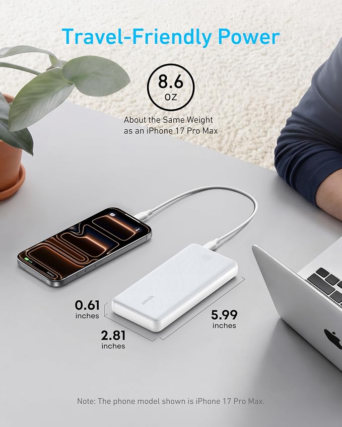 Anker Power Bank(PowerCore 10K), Compact Travel-Ready 10,000mAh Battery Pack with PowerIQ Charging Technology, 5V/3A High-Speed Charging for iPhone, iPad,and More (1, White)