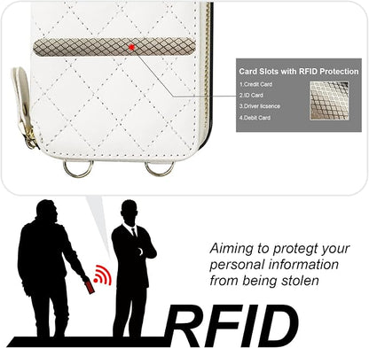 Bocasal Crossbody Wallet Case for iPhone 12/12 Pro, RFID Blocking PU Leather Zipper Handbag Purse Flip Cover, Kickstand Folio Case with Card Slots Holder Wrist Strap Lanyard 5G 6.1 Inch (White)