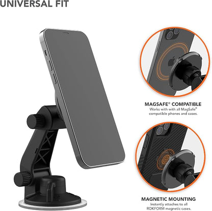 ROKFORM - Adjustable Magnetic Windshield Phone Holder, Compatible with MagSafe Phone Cases and Cases, Strong Suction Cup, 210° Tilt, 360° Rotation