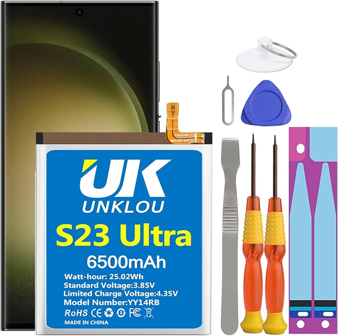 Galaxy S23 Ultra Battery, [Upgraded] UNKLOU 6500mAh Li-Polymer EB-BS918ABY Replacement Battery for Galaxy S23 Ultra 5G SM-S918U SM-S918U1 SM-S918B/DS with Repair Tool Kit [12 Month Service]