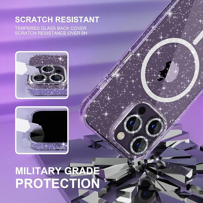 Choiche Magnetic for iPhone 14 Pro Max Case, Women Clear Glitter Bling Sparkly Case, [3xDiamond Camera Lens Protectors] [2xTempered Glass Screen Protectors] [Compatible MagSafe] (Glitter Clear)