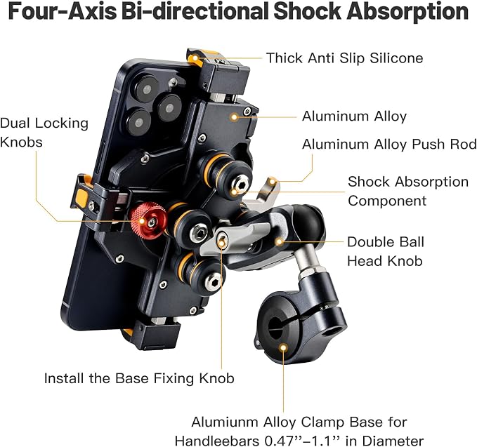 Aluminum Motorcycle Cell Phone Mount with Vibration Dampener, M1 Anti-Theft MTB Phone Mount for Motorcycle ATV Bike UTV Scooter, ATV Phone Holder Fit 6.1"-7.2" Phone, High-Speed Secure Lock