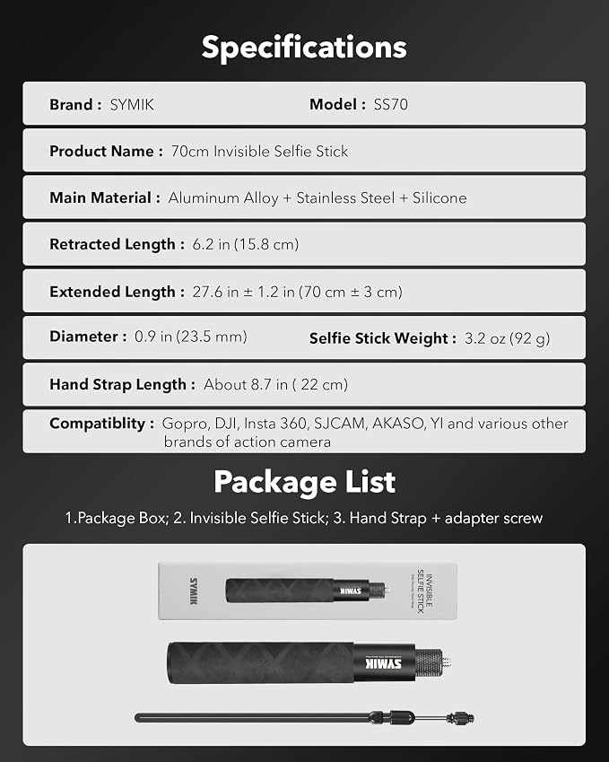 SYMIK Invisible Selfie Stick for Insta360 (70 cm/27.6 in), Aluminum Alloy Extension Stick Portable Extendable Monopod Pole with 1/4'' Screw and Wrist Strap for Insta 360 X5 X4 Air X3 ONE X2 Osmo 360