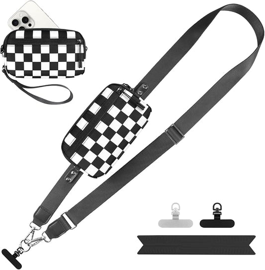 YFWE Clip and Go Strap for Phone with Wallet Crossbody, Adjustable Phone Lanyard with Detachable RFID Wristlet Wallet, Phone Strap with Phone Tabs for All Phones, Black Checkered (L)