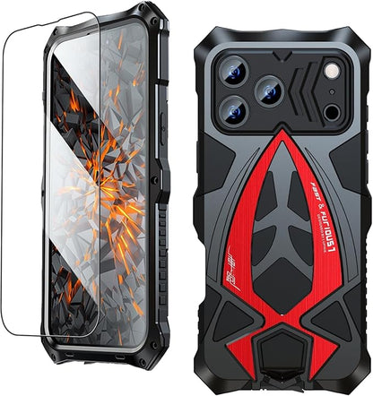 Armor Phone Case for iPhone 17 Pro Max Military Grade Cover 360 Full Protection Heavy Duty Hybrid Metal Bumper Built-in Silicone Shockproof with Screen Protector - Black + Red