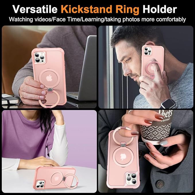 360° Magnetic Swivel Ring for iPhone 12 pro case, Built-in Metal Stand and Ring Holder, Magsafe Compatible, Military Grade Protection, Shock and Vibration Resistant- Pink