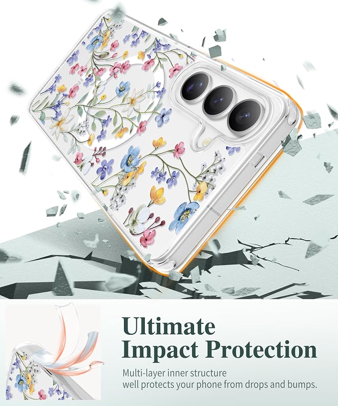 GVIEWIN for Samsung Galaxy S26 Case Compatible with MagSafe, Clear Floral Shockproof Protective Women Phone Case, Non-Yellowing, Screen & Camera Lens Protector for Galaxy S26 6.3", Floret/Colorful