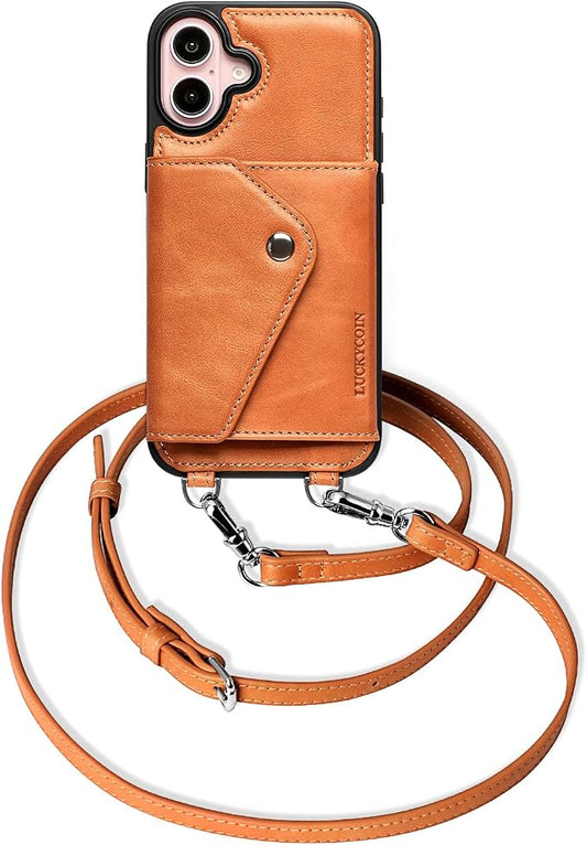 LUCKYCOIN for iPhone 16 Plus Crossbody Wallet Case – Genuine Leather Phone Purse with Adjustable Strap and Card Holder,Lanyard Phone Purse Case for Women,Vintage Brown