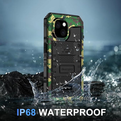 Beasyjoy for iPhone 15 Plus Case Waterproof, Metal Heavy Duty Full Body Protective Case with Built-in Screen Protector, Military Grade Shockproof Dustproof Defender Case for iPhone 15 Plus 6.7", Camo