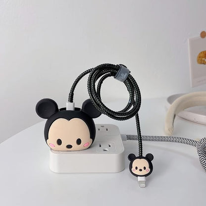 3D Cute Cartoon Charger Protector Case - Compatible for Apple 20W USB-C Power Adapter and Lightning Cable (Black MouseA)
