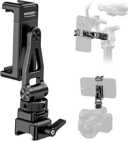 NEEWER Metal Phone Tripod Mount with Cold Shoe NATO Clamp Compatible with DJI RS5 RS4 RS3 Pro RS2 RSC2 Gimbal Stabilizer, 180° Tilt Phone Clip Holder Compatible with iPhone 15 Pro Camera Cage, GA010