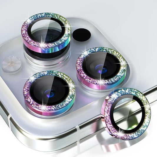 Choiche Compatible for iPhone 15 Pro/iPhone 15 Pro Max Camera Lens Protector Bling, 9H Tempered Glass Camera Cover Screen Protector Metal Ring Decoration Accessories (Glitter-Colorful)