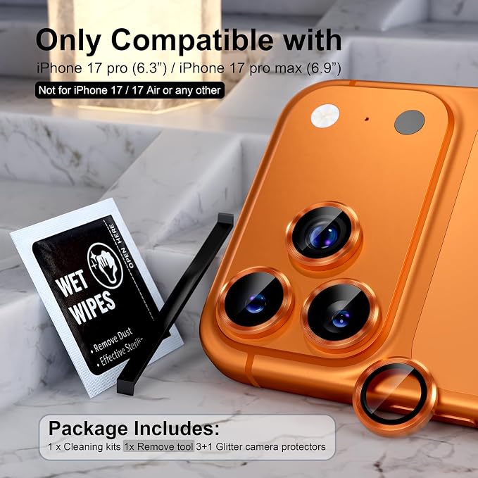 Choiche Compatible for iPhone 17 Pro/iPhone 17 Pro Max Camera Lens Protector, 9H Tempered Glass Camera Cover Screen Protector Metal Ring Decoration Accessories (Orange)
