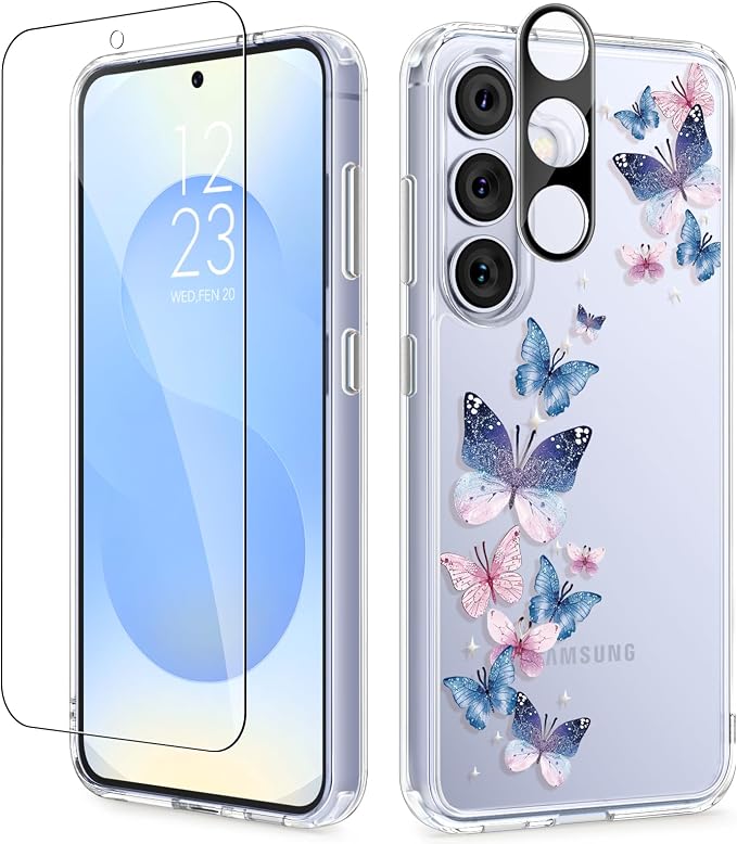 GVIEWIN for Samsung Galaxy S25 Plus Case, Clear Floral Slim Shockproof Protective Women Phone Case, Non-Yellowing, with Screen Protector & Camera Lens Protector for S25 Plus 6.7", Colorful Butterfly