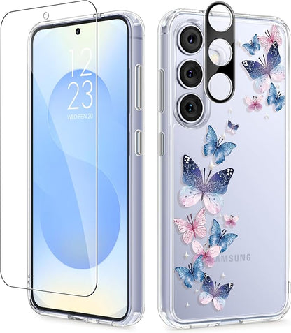GVIEWIN for Samsung Galaxy S25 Plus Case, Clear Floral Slim Shockproof Protective Women Phone Case, Non-Yellowing, with Screen Protector & Camera Lens Protector for S25 Plus 6.7", Colorful Butterfly