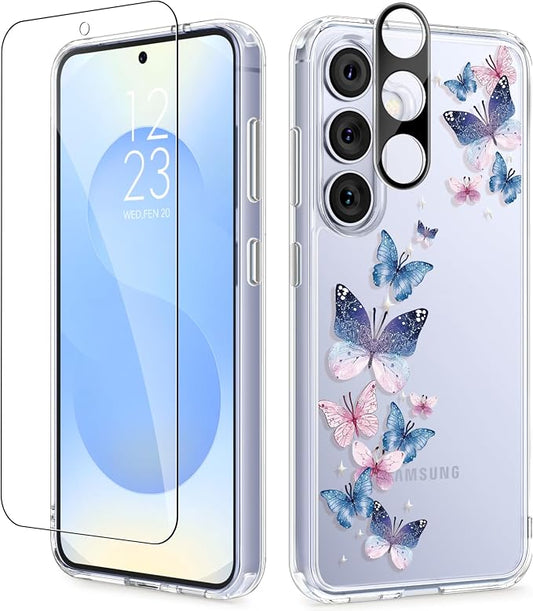GVIEWIN for Samsung Galaxy S25 Plus Case, Clear Floral Slim Shockproof Protective Women Phone Case, Non-Yellowing, with Screen Protector & Camera Lens Protector for S25 Plus 6.7", Colorful Butterfly
