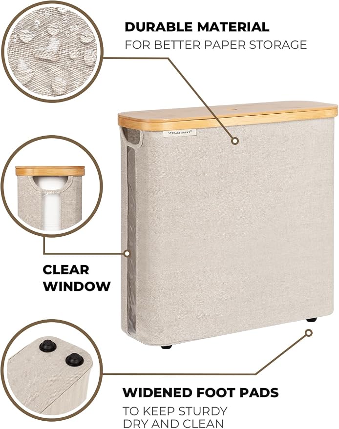 StorageWorks Large Toilet Paper Storage with Bamboo Lid, Toilet Paper Holder Basket for Up to 12 Mega or 16 Regular Size Rolls, Paper Storage Baskets for Bathroom, Light Khaki, 1 Pack