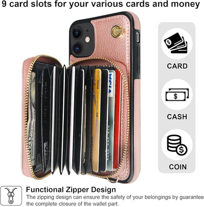 Bocasal Crossbody Wallet Case for iPhone 11, RFID Blocking Leather Purse Case with Card Holder, Protective Handbag Flip Cover with Zipper Wrist Strap Lanyard for Women 6.1 Inch (Rose Gold)