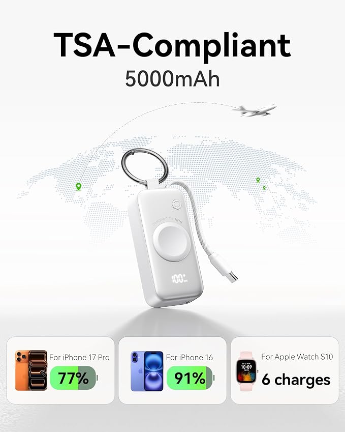 INIU 3-in-1 Portable Charger, Small 5000mah Power Bank with Built-in USB C Cable and Watch Charger, 20W PD Fast Charging Battery Pack, Travel Charger for iPhone 16 15, Apple Watch, etc