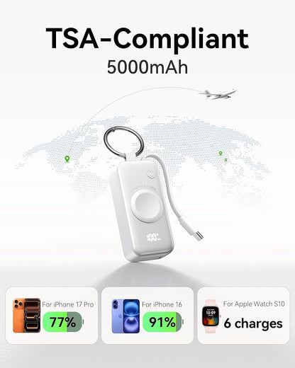 INIU 3-in-1 Portable Charger, Small 5000mah Power Bank with Built-in USB C Cable and Watch Charger, 20W PD Fast Charging Battery Pack, Travel Charger for iPhone 16 15, Apple Watch, etc