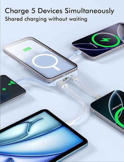 podoru for Magsafe Battery Pack, 10000mAh Magnetic Power Bank Built-in Double USB C Cables 20W PD Fast Charging LED Display Wireless Portable Charger for iPhone 17/16/15/14/13/12 Series-Sierra Blue