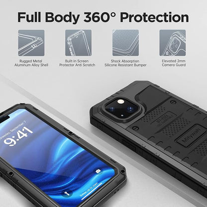 Mitywah Waterproof Case for iPhone 14, Heavy Duty Shockproof Case with Built-in Screen Protector, Full Body Underwater Protective Metal Case 6.1 inch, Black
