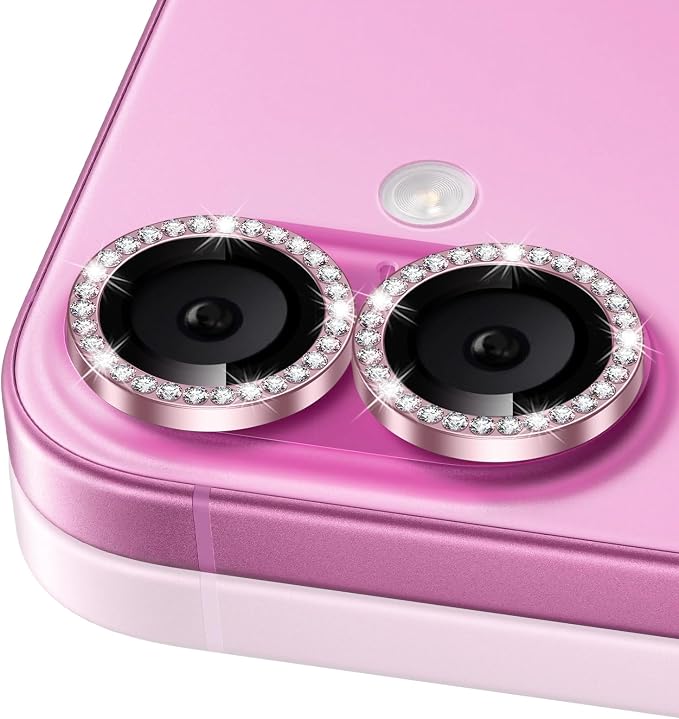 ShinKin Camera Lens Protector for iPhone 16/iPhone 16 Plus, Bling Glitter Camera Cover, 9H Tempered Glass Individual Metal Ring Camera Protector for iPhone 16/iPhone 16 Plus (Diamond - Pink)