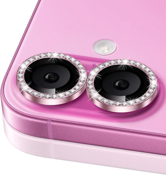 ShinKin Camera Lens Protector for iPhone 16/iPhone 16 Plus, Bling Glitter Camera Cover, 9H Tempered Glass Individual Metal Ring Camera Protector for iPhone 16/iPhone 16 Plus (Diamond - Pink)