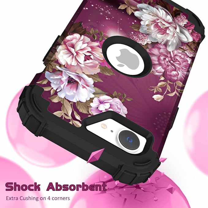Hocase for iPhone 17e/iPhone 16e Case, Heavy Duty Shockproof Protection Hard Plastic+Silicone Rubber Hybrid Protective Phone Case for iPhone 17e/16e 6.1" - Royal Purple Flowers