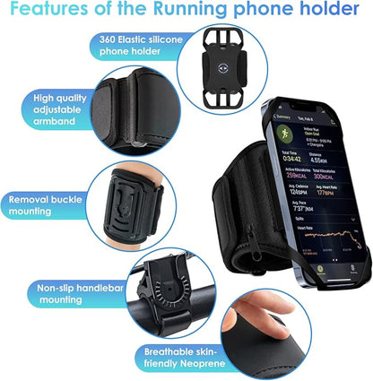 Cikyner Running Armband, 3 in 1 360° Rotatable & Detachable Sports/Bicycle Phone Holder for 4.5-7'' Smartphones, Ideal for Gym, Jogging, Hiking